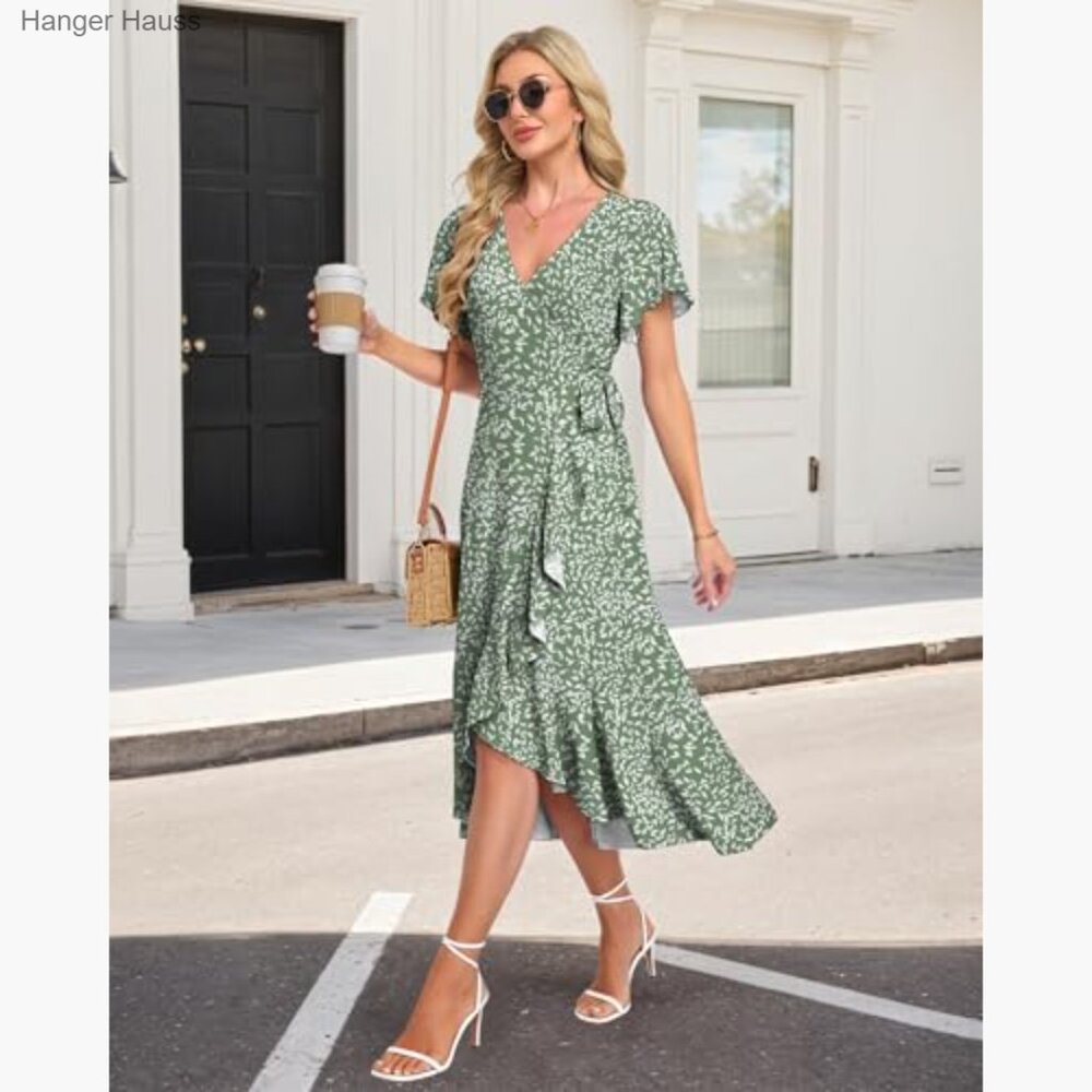 Summer Midi Dress Wrap V-Neck Flutter Sleeve Ruffle Slit Formal - Picture 3 of 6